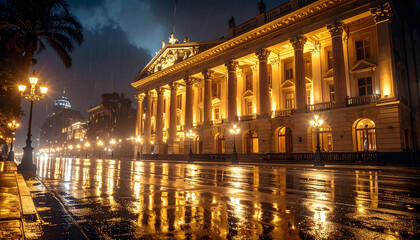 Obraz premium Hotel facade at night featuring neoclassical architecture with golden spotlights columns and statues reflected on a wet rainy street surface generative AI