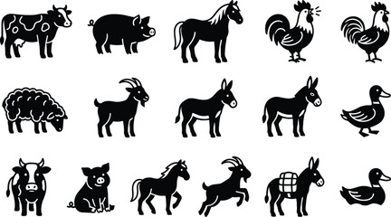 Fototapeta premium Collection of sixteen solid black farm animal vector icons featuring cow pig horse rooster hen sheep goat donkey and duck silhouettes