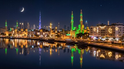 Obraz premium Breathtaking night panorama of an illuminated cityscape reflecting on serene waters, showcasing a vibrant urban skyline, striking towers, and a majestic crescent moon