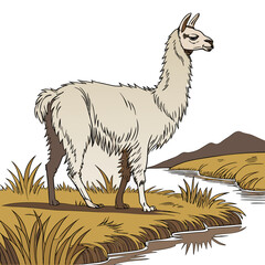 Illustration of a llama standing by a river in a natural landscape with vicu © Ki