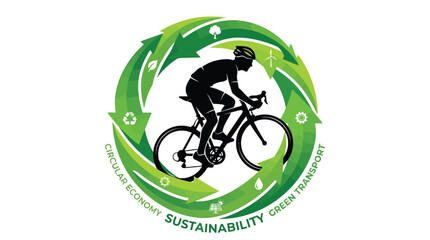 Obraz premium Professional cyclist riding a road bike inside a circular green arrow emblem representing modern eco friendly transportation systems and sustainable living concepts for a cleaner and healthier future 