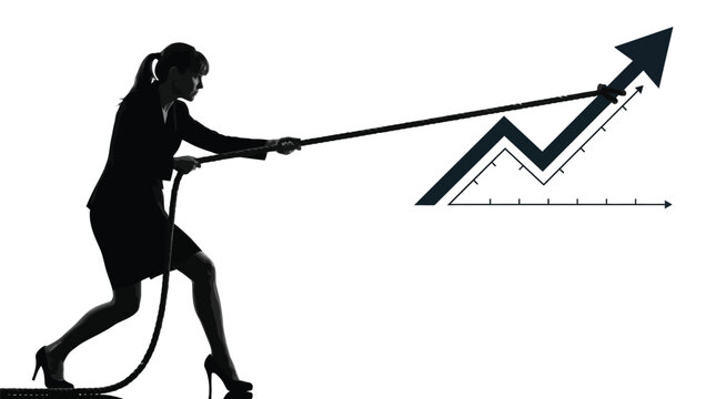 Professional businesswoman in silhouette pulls a rope attached to a growing business graph arrow to symbolize her dedicated effort in driving corporate financial success and increasing market share fo