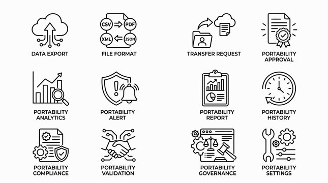 Set of data portability icons showing digital transfer and compliance processes.