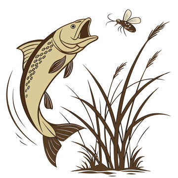 Brown trout fish jumping out of water with open mouth for a fly in tall grass
