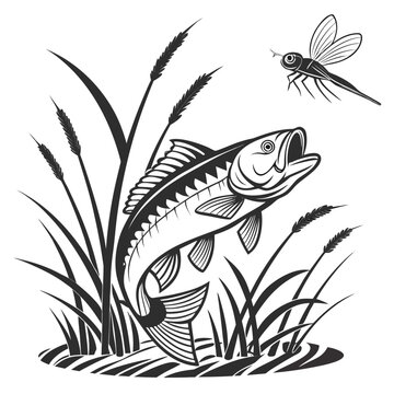 Black and white illustration of bass leaping for dragonfly near marsh grass