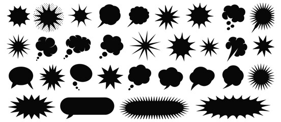 Comic Explosion Speech Bubble Vector Shapes with Black Silhouette Starburst Designs, Ideal for Comic Book Art, Pop Art, Graphic Design and Digital Illustrations © YET FAR 