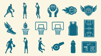 Basketball sport icons and silhouettes set, player, ball, hoop and court elements © AS_StockNation