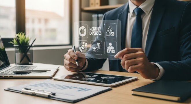 Office professional analyzing monthly expenses using a holographic interface and tablet