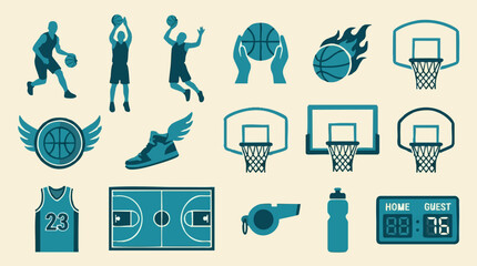Basketball sport icons set with players, court, hoop, and equipment elements © AS_StockNation