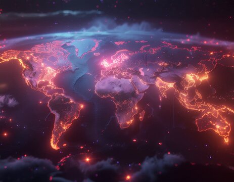 Holographic Global Pandemic Spread Visualization on Earth Map with Glowing Connections and Data Points in Space