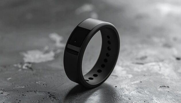 Black fitness tracker on gray surface.