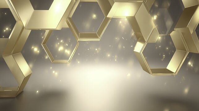 Golden hexagonal geometric pattern with glowing light effects on a reflective surface