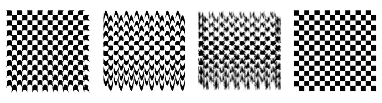 Set of black and white checkered patterns with distorted geometric effects.
