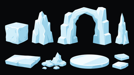 Ice blocks and formations, cartoon style on black background © Rena