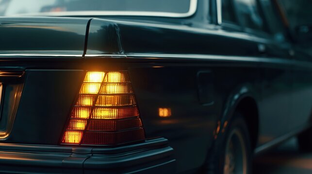 Close up rear view of a classic luxury vintage sedan tail light glowing in the dim evening light