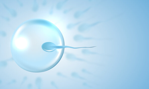 3D illustration of active human sperm cells swimming towards a female egg on light blue background. Medical concept of reproduction, artificial insemination, IVF, fertilization, pregnancy and biology.