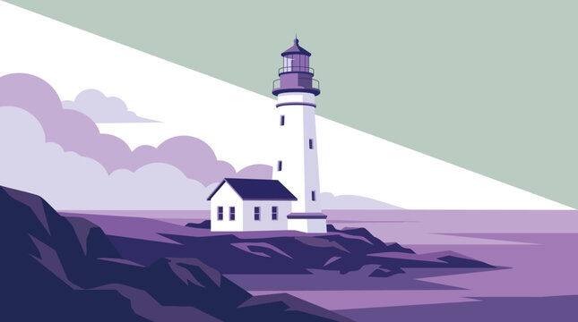 Lighthouse illustration with coastal scenery in pastel purple and green