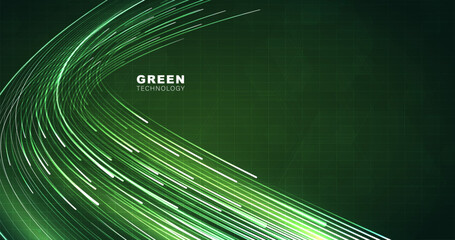 Abstract futuristic green light trails on dark hexagon grid background. High speed digital data flow, fiber optic network connection, cyberspace energy stream and modern technology concept design. © TripleP Studio