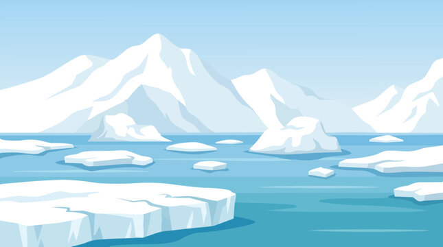 Arctic landscape with icebergs and mountains, vector illustration