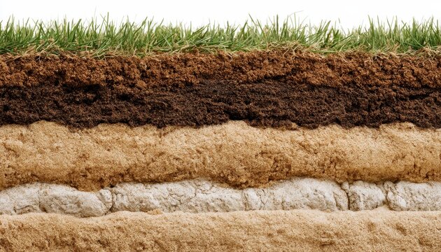 Underground earth layers showcasing rich soil horizons with vibrant green grass on top in a macro shot for environmental education marketing