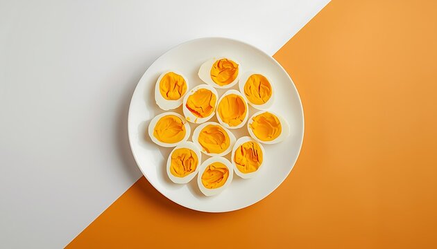 A plate of deviled eggs on a white and orange background