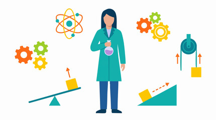 Fototapeta premium Female scientist with various STEM symbols for education and innovation