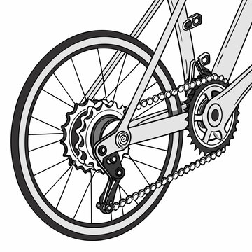 Close up illustration of a bicycle rear derailleur chain and gear cassette