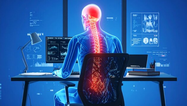 Physical Strain: The image highlights a person experiencing physical strain, likely from prolonged sitting at a desk, with the spine illuminated to represent discomfort.