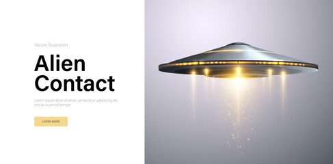 Alien contact concept with glowing UFO and vertical beam of light © ket4up