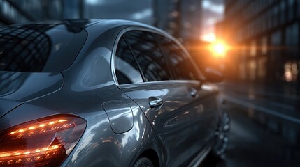Naklejka premium Modern Luxury Sedan Car Parked on a City Street at Sunset with Dramatic Golden Hour Lighting