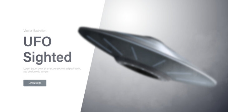 Dark metallic UFO in motion with blurred futuristic science fiction background