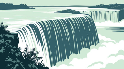 Obraz premium Adobe IllustratNiagara falls landscape, stylized woodcut print with green and blue tonesor Artwork