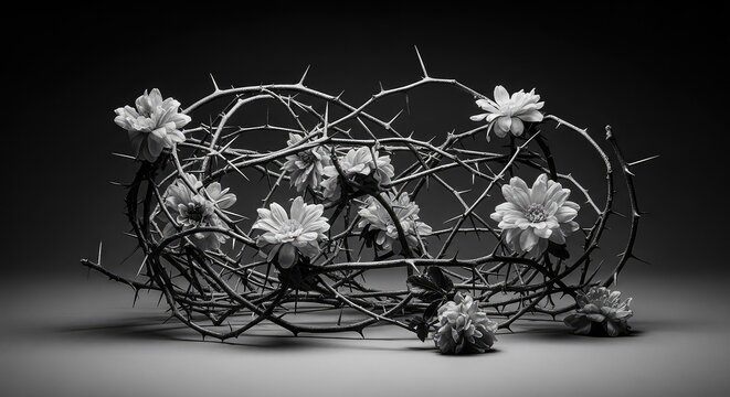 A dramatic black and white image of tangled thorny branches intertwined with delicate blooming flowers, creating a sharp natural contrast, vintage, wild, aesthetic