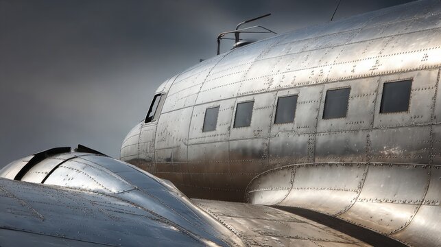 Detailed view of the gleaming silver aluminum fuselage of a vintage airplane with visible rivets and windows