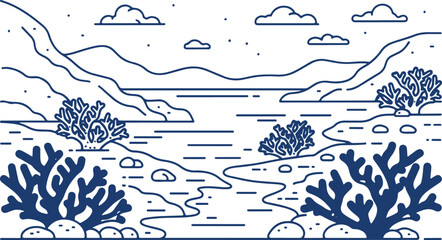 Stylized landscape with mountains, lake, and vegetation rendered in simple blue outline and solid color shapes on transparent background. © Sadhin