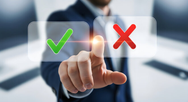 Businessman selecting check mark and cross icons, digital interface for decision making, business choice and quality control concept