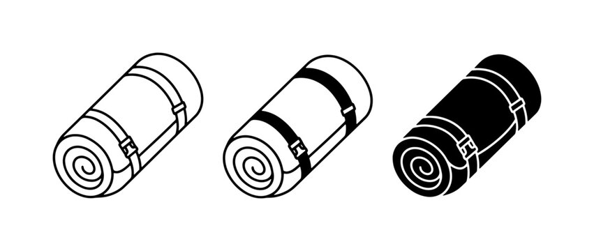 Camping Sleeping Bag Icons, Rolled Mats, Outdoor Gear Set, Vector Illustrations
