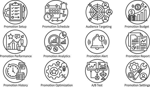 Set of marketing promotion strategy and digital advertising management icons.