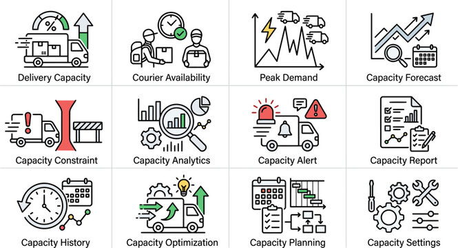 Set of logistics capacity management and supply chain icons.