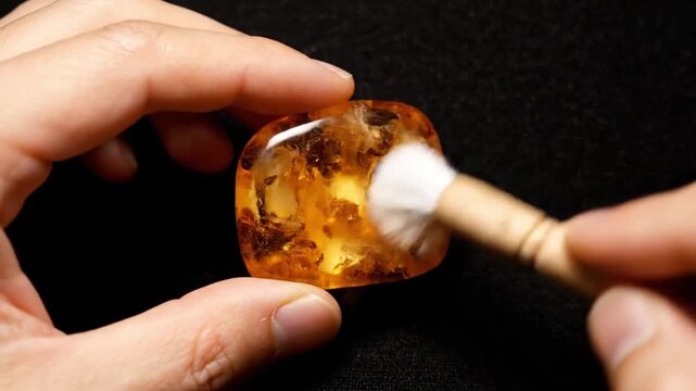 Professional Cleaning of Polished Amber Stone with Soft Brush
