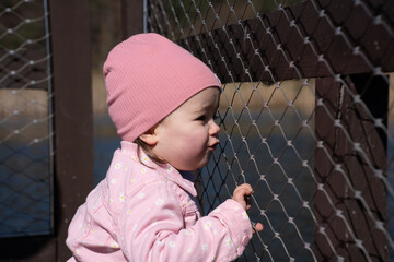 young toddler in a pink beanie and daisy-patterned jacket peers and grips a chain-link fence on a wooden lakeside dock, candid profile portrait in soft daylight with pastel tones and contemplative moo © Yaraslava