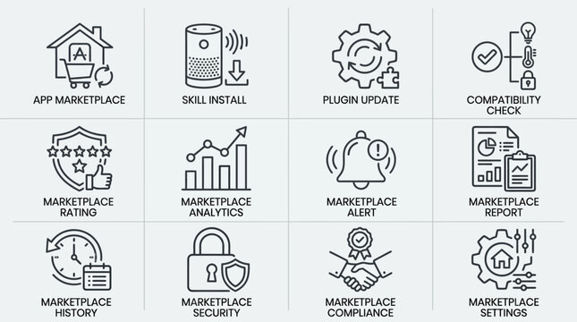 Set of outline icons representing various digital marketplace and software development management features.