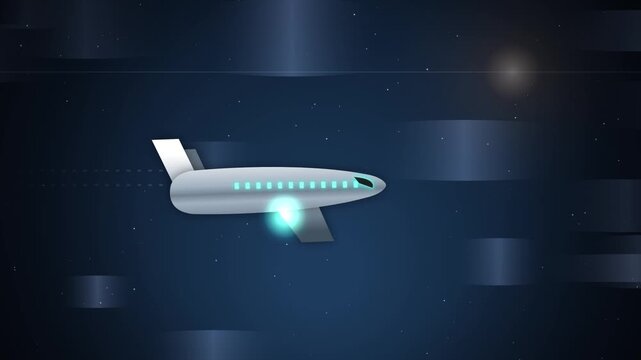 Stylized airplane flying across a dark blue starry night sky with glowing windows and lens flare