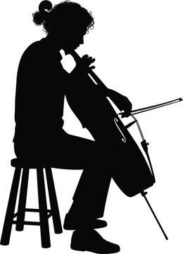 Cellist silhouette vector illustration musician playing cello seated on stool classical music performance isolated black artistic character artwork