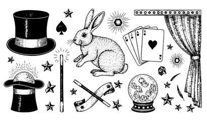 Vintage magic show illustration set with magician hat rabbit playing cards and crystal ball black and white vector isolated on white background © Mst.Razia