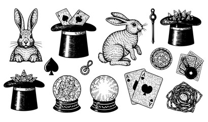 Antique magic show sketch vector set with magician hat rabbit and playing card illustrations isolated on white background © Mst.Razia