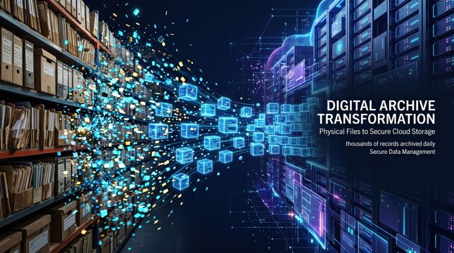 Digital archive transformation with glowing blue data flow between server rooms and book shelves