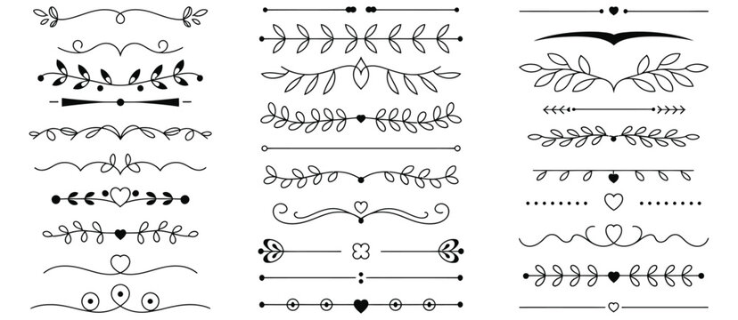 Decorative Line Border Vector Set Featuring Elegant Ornate Patterns, Vintage Swirls and Flourishes for Invitations, Certificates, Documents and Luxury Design Elements on White