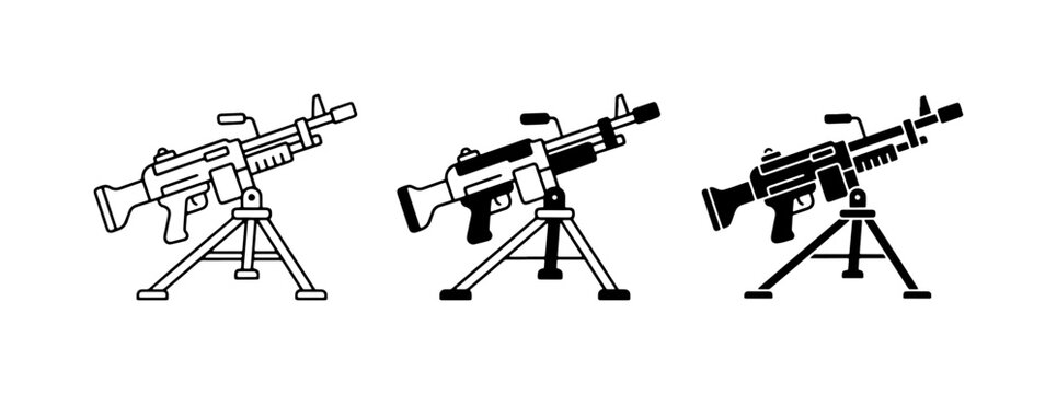Machine Gun Icons, Military Weapon Vector Art, Combat Firearm Graphics, Warfare Equipment Set