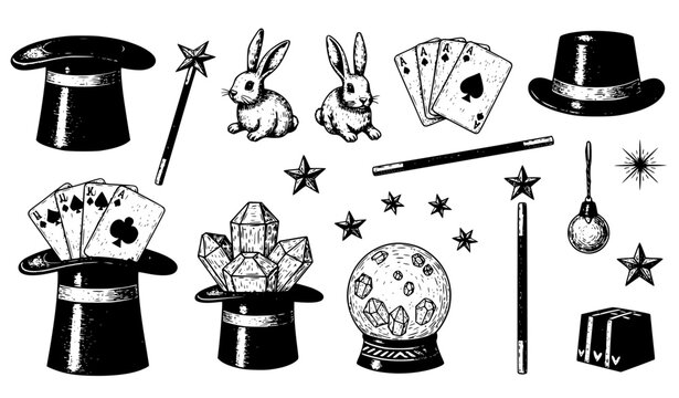 Black and white vintage magic show vector collection with rabbit crystal ball and magician props isolated on white